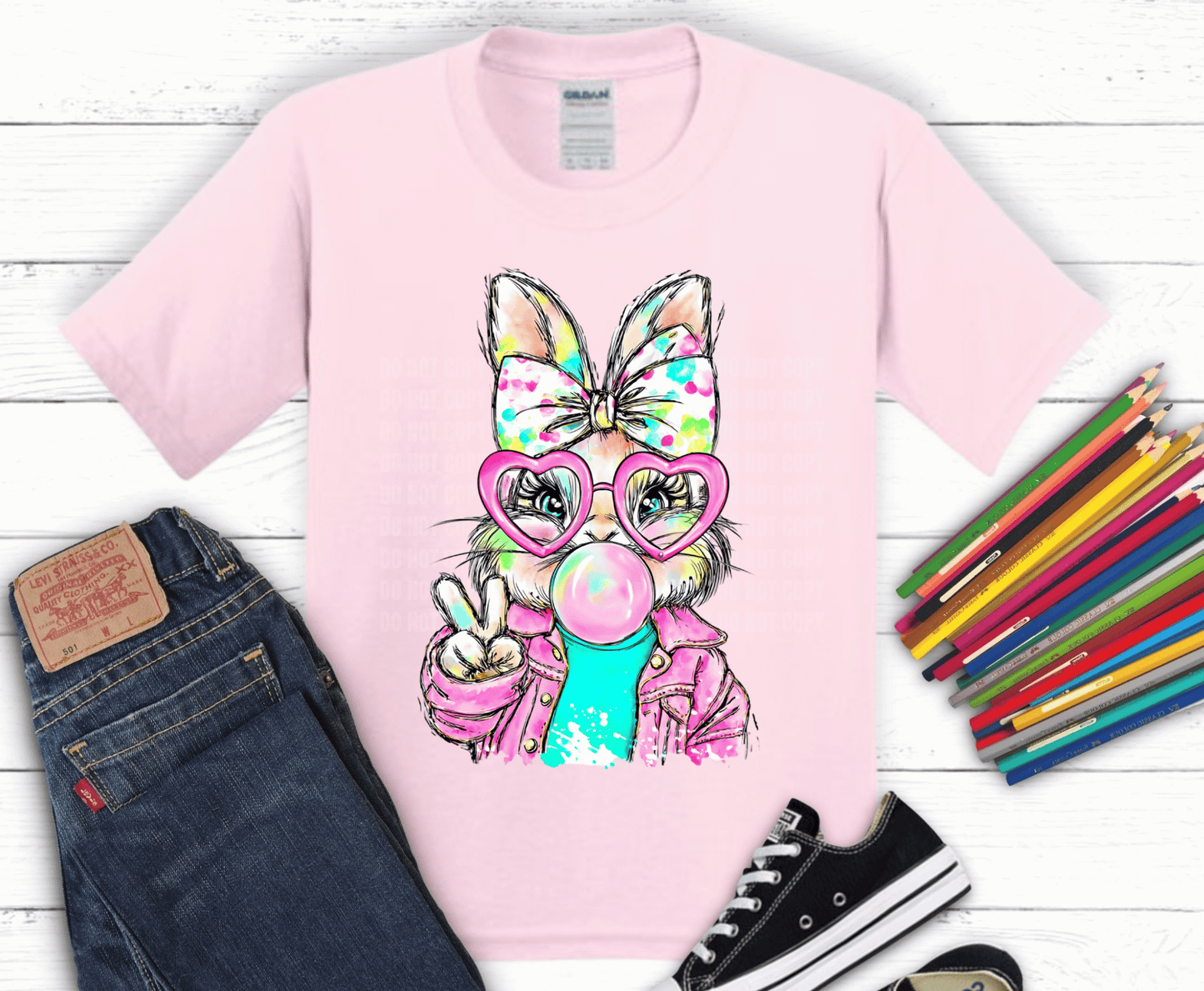 Cute Easter bunny DTF transfer featuring pastel colors, heart sunglasses, peace sign pose, and trendy spring style.