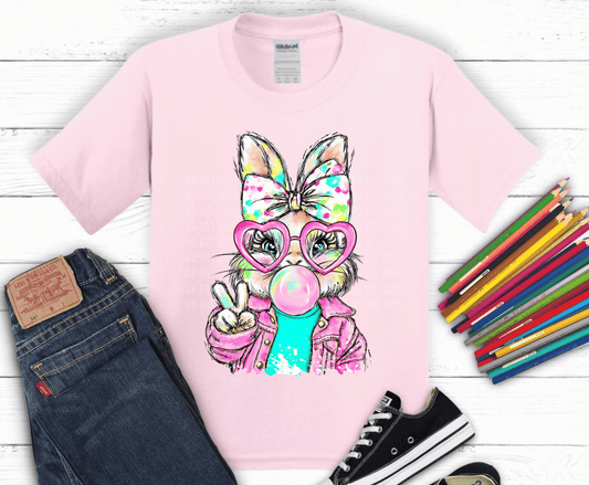 Cute Easter bunny DTF transfer featuring pastel colors, heart sunglasses, peace sign pose, and trendy spring style.