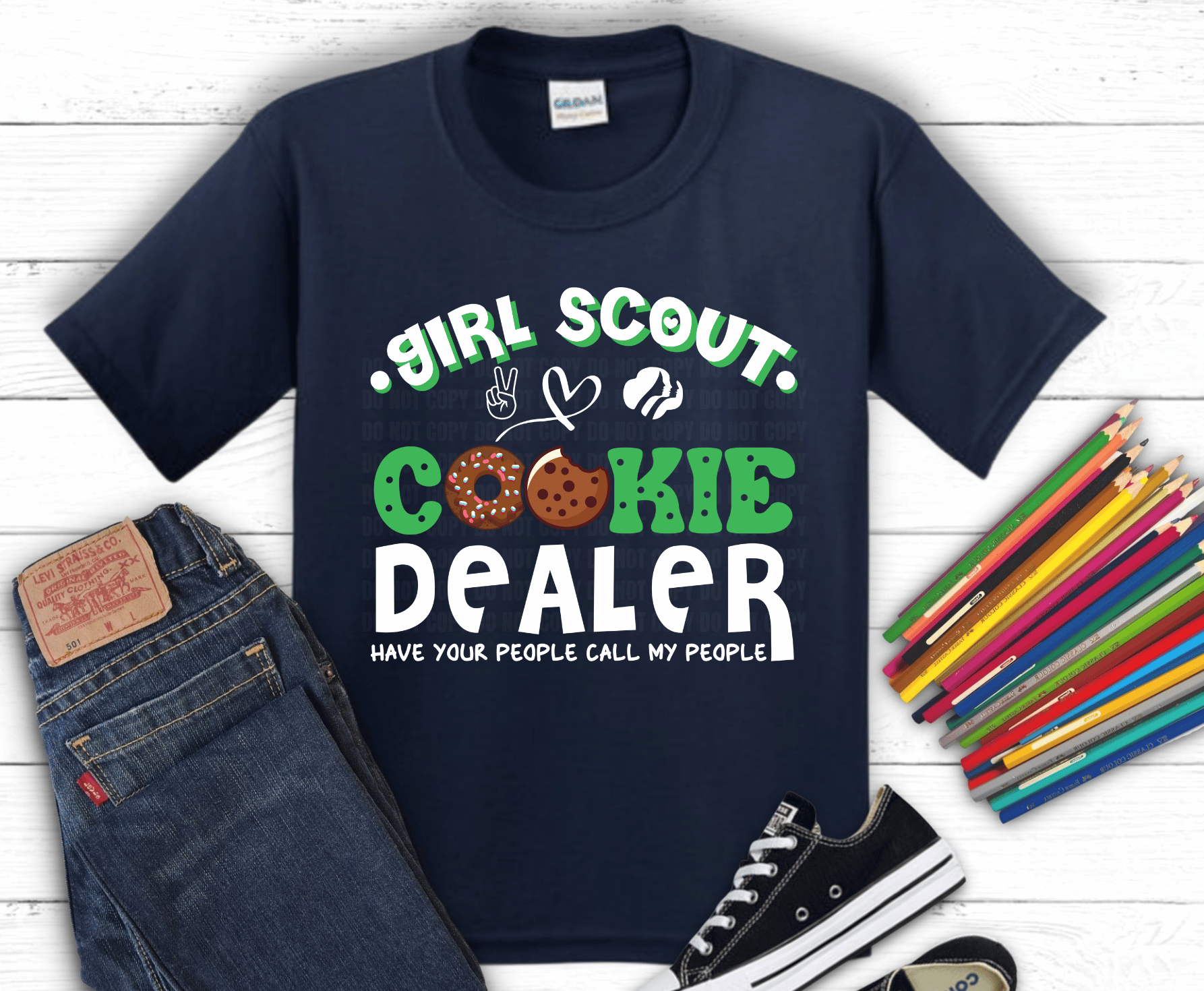 Funny Girl Scout Cookie Dealer DTF transfer with donut and cookie graphics and bold green lettering.