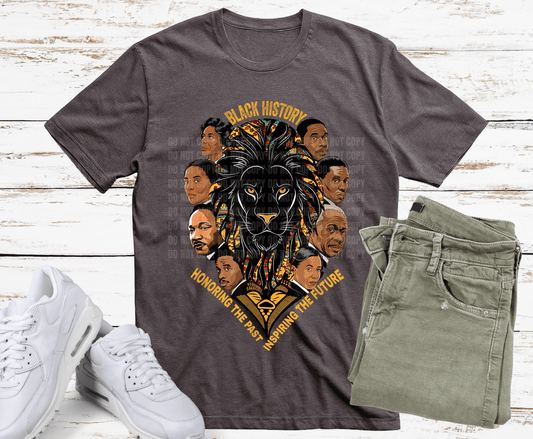 Black History DTF transfer featuring a lion with African patterns and influential Black historical figures honoring the past and inspiring the future.