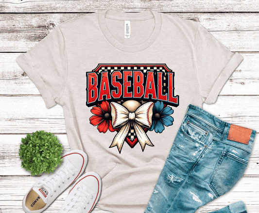 Baseball Mom DTF transfer with stitched baseball bow and red white blue floral sports design.