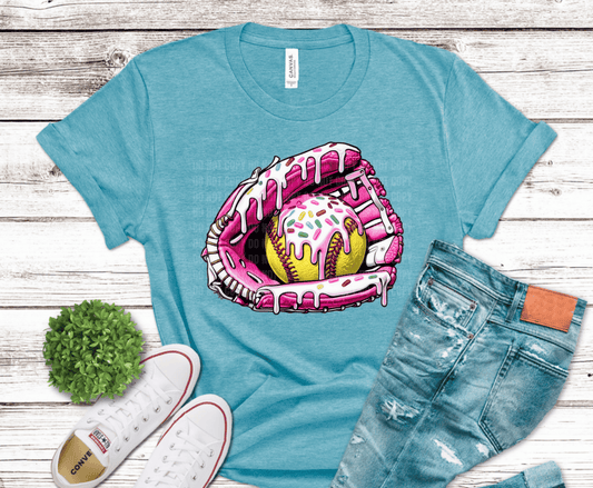 Softball donut DTF transfer featuring pink frosting, sprinkles, and yellow softball game day design.