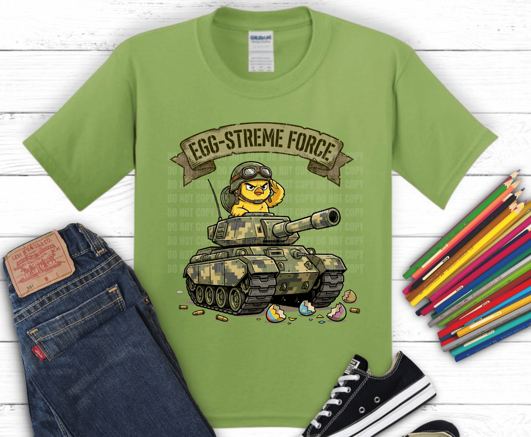 Egg-Streme Force Easter DTF transfer with cartoon chick tank and cracked Easter eggs.