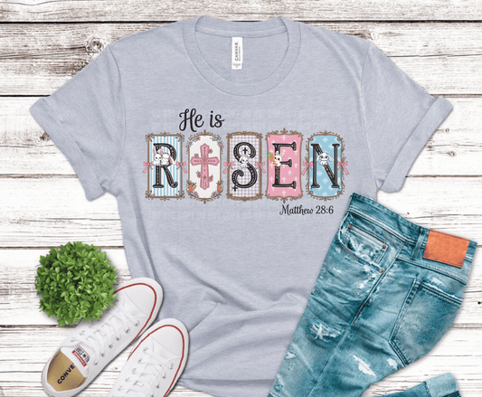 He Is Risen Christian Easter DTF transfer with bunnies, crosses, and Matthew 28:6 scripture.
