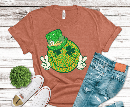 Lucky shamrock smile St. Patrick’s Day DTF transfer with glitter clover and leprechaun hat.