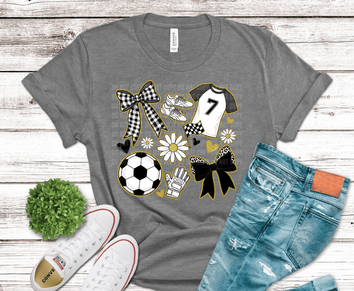 Soccer Coquette DTF transfer featuring bows, daisies, soccer ball, cleats and gold glitter accents for game day shirt.