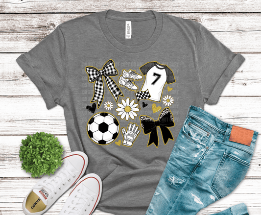 Soccer Coquette DTF transfer featuring bows, daisies, soccer ball, cleats and gold glitter accents for game day shirt.