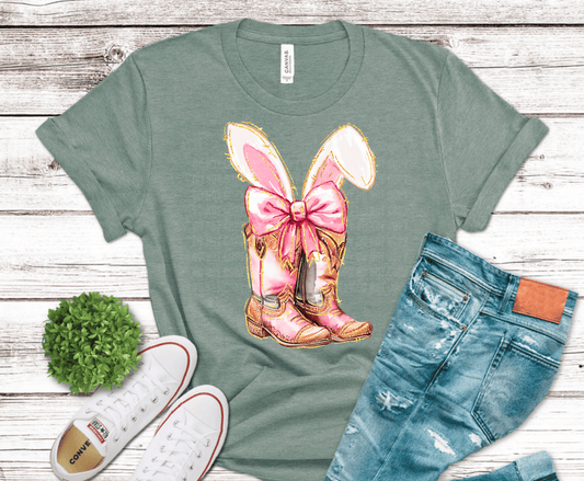 Pink cowgirl western boots with bunny ears and bow DTF transfer design for Easter boutique shirts.