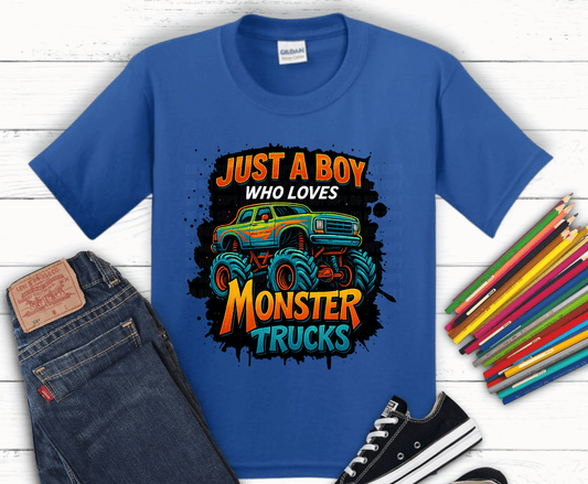 Colorful monster truck graphic with text Just A Boy Who Loves Monster Trucks DTF transfer design for boys shirts.