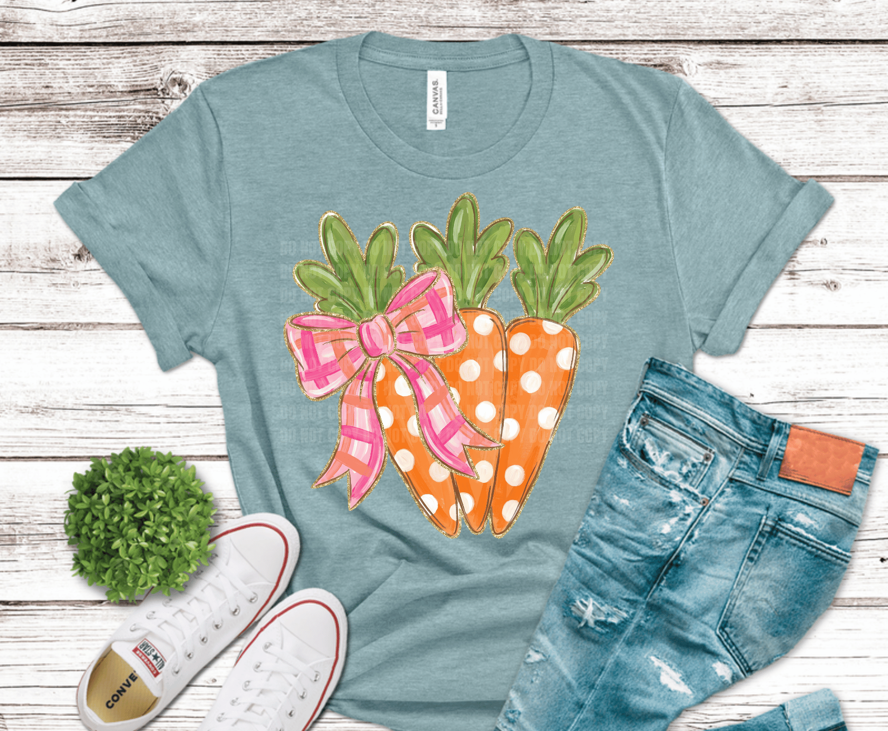 Hand-painted style Easter carrots with white polka dots and pink plaid bow coquette DTF transfer design.