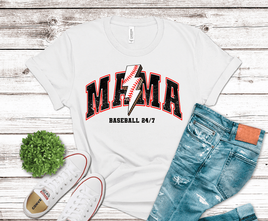 Mama Baseball 24/7 graphic shirt with lightning bolt and baseball stitching design for sports mom game day apparel