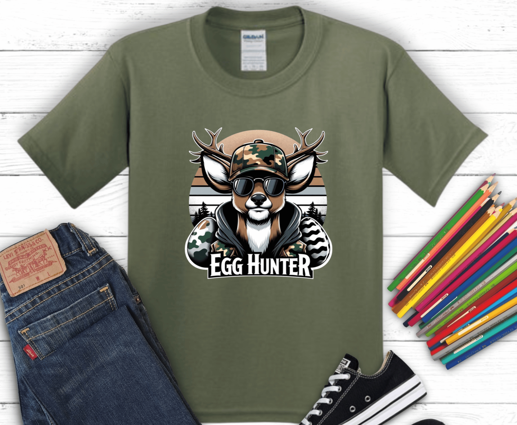 Cool deer wearing camo hat and sunglasses with Egg Hunter text and Easter eggs in rustic hunting style design for boys and men shirts