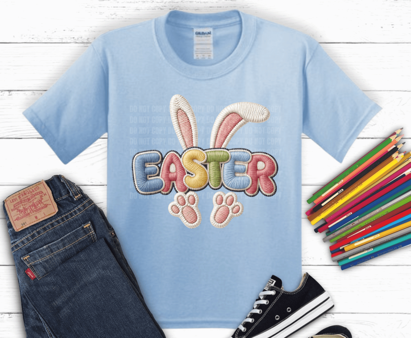 Pastel embroidered style Easter text with bunny ears and paw prints in chenille patch texture design for family Easter shirts