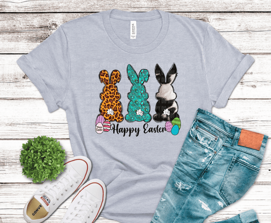Western Easter bunny silhouettes in leopard print, turquoise stone pattern, and cowhide design with colorful Easter eggs for boutique cowgirl shirts