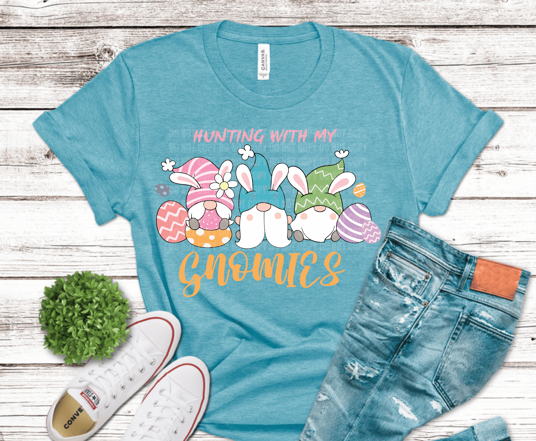 Hunting With My Gnomies Easter design with three bunny gnomes and pastel decorated eggs for cute mom and family Easter shirts