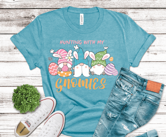Hunting With My Gnomies Easter design with three bunny gnomes and pastel decorated eggs for cute mom and family Easter shirts