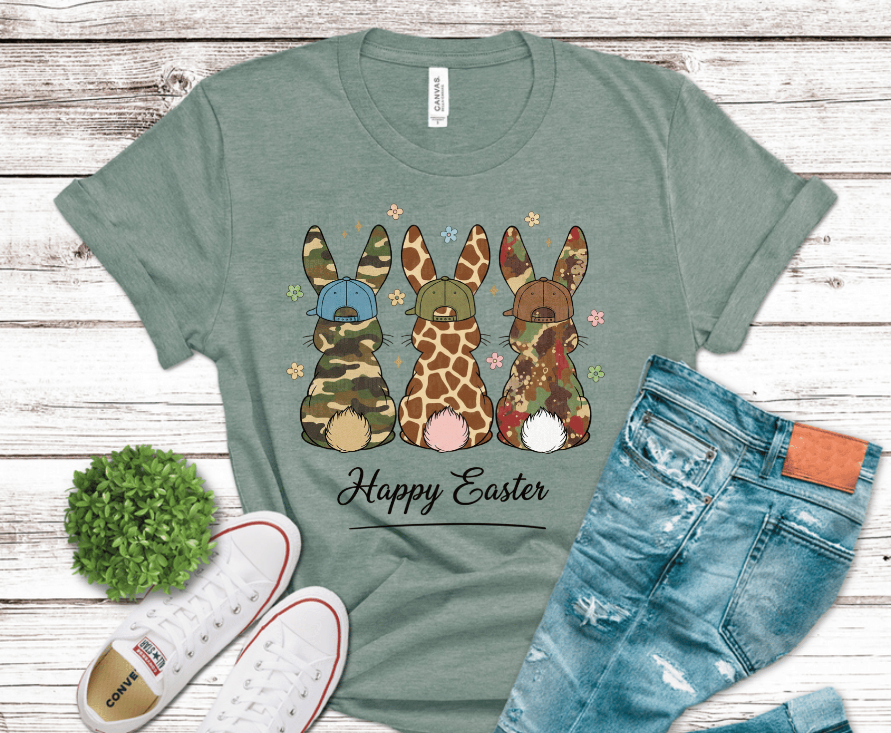 Three camo and giraffe print Easter bunny silhouettes wearing snapback hats with Happy Easter text for rustic hunting family shirts