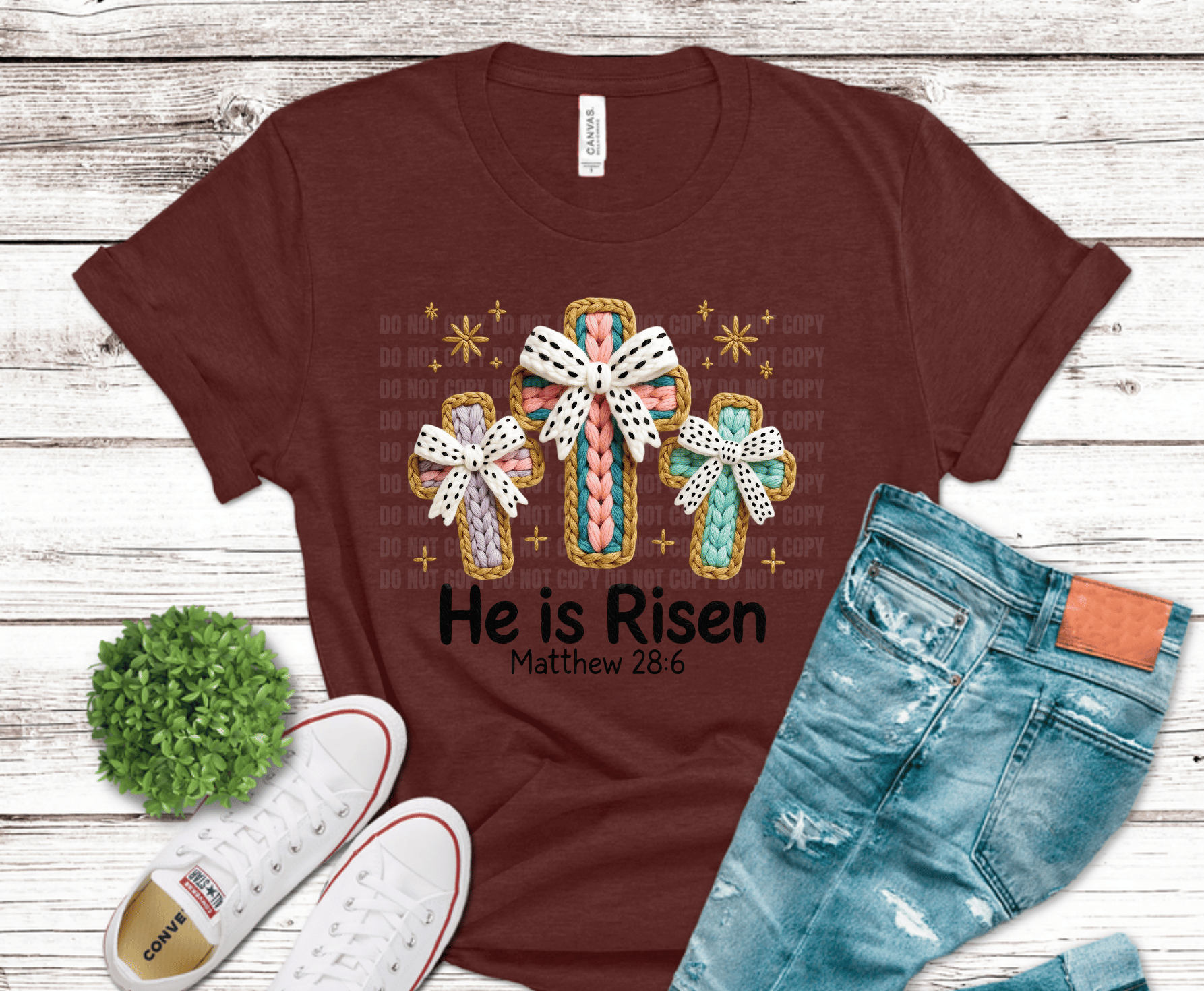 Crochet style pastel crosses with bows and He Is Risen Matthew 28:6 scripture design for Christian Easter church shirts