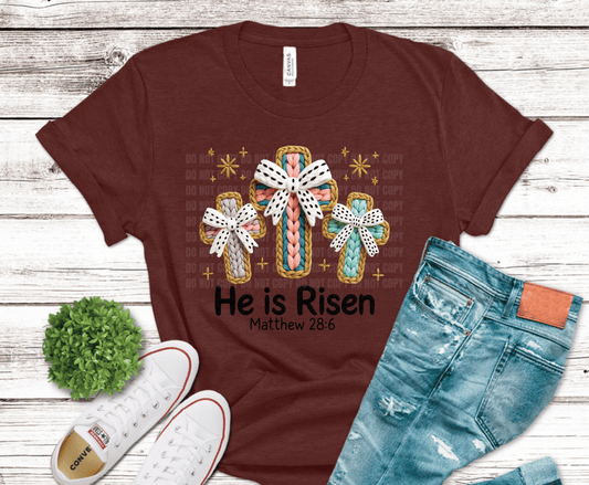 Crochet style pastel crosses with bows and He Is Risen Matthew 28:6 scripture design for Christian Easter church shirts