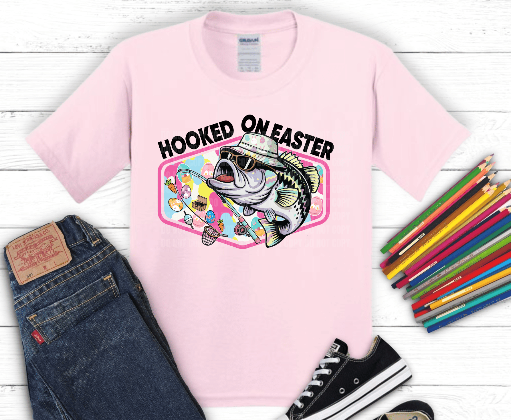 Cool largemouth bass wearing sunglasses and bucket hat holding fishing rod with pastel Easter egg background for funny fishing Easter shirts