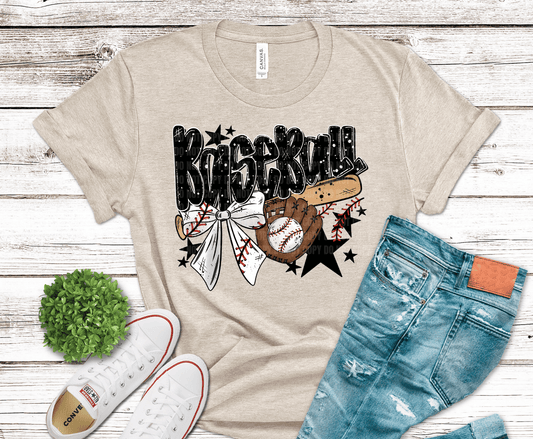 Distressed softball lettering with large bow, baseball glove, bat, and ball design for game day softball mom shirts