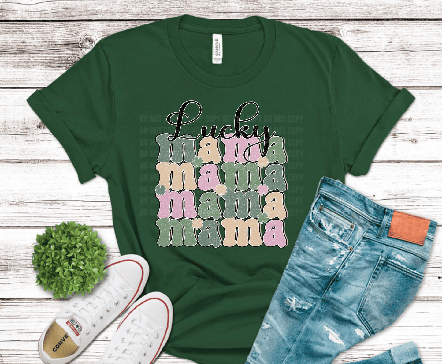 Retro stacked Lucky Mama pastel design with shamrock accents in distressed vintage style for St. Patrick’s Day mom shirts