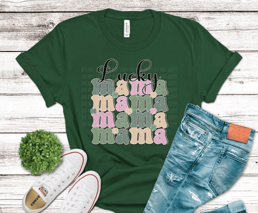 Retro stacked Lucky Mama pastel design with shamrock accents in distressed vintage style for St. Patrick’s Day mom shirts