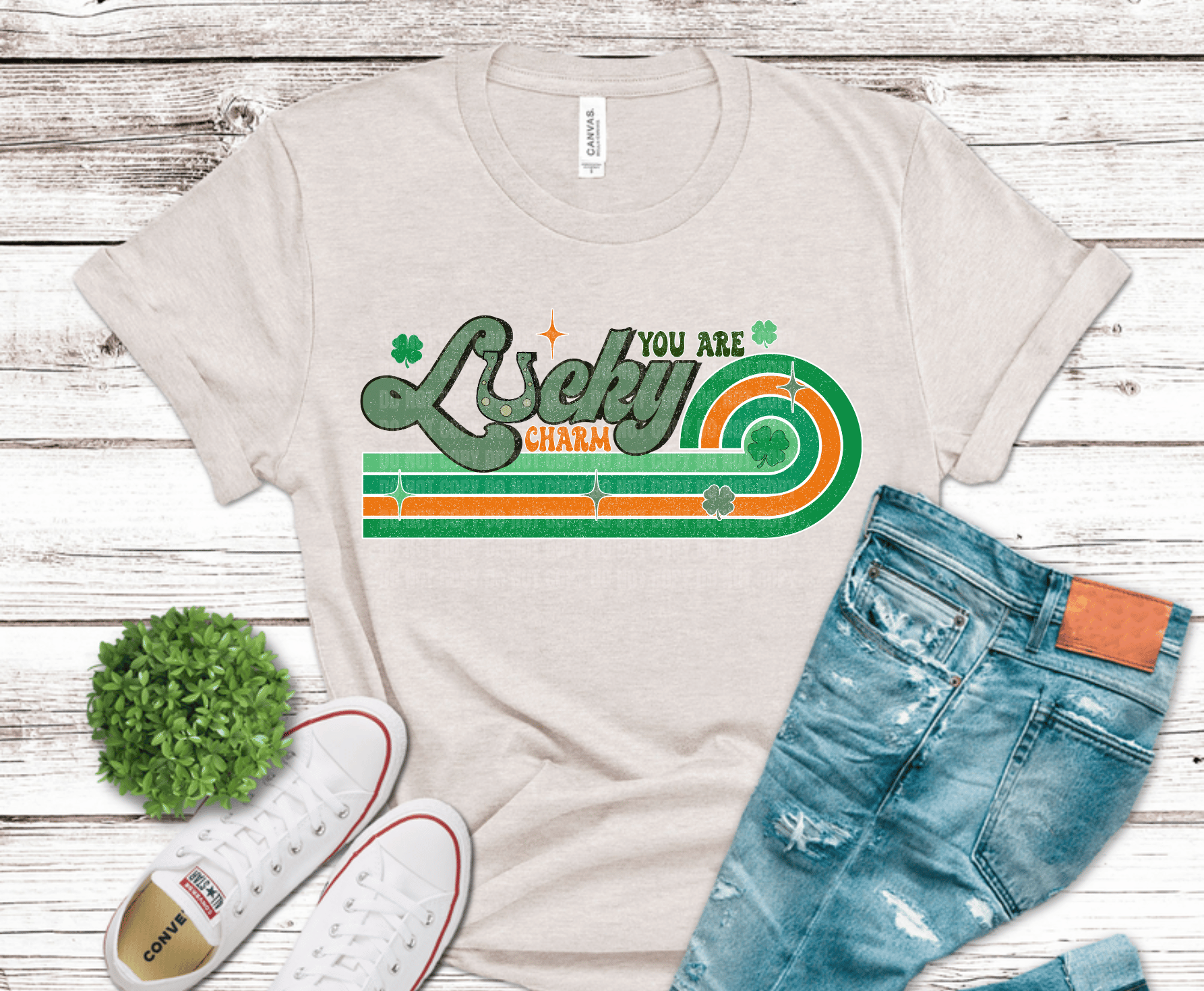 Retro You Are My Lucky Charm design with horseshoe, shamrocks, and vintage rainbow in distressed St Patrick’s Day style