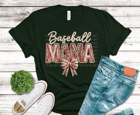 Baseball Mama design in chenille patch style with leopard print lettering, red stitching, and bow for trendy game day shirts