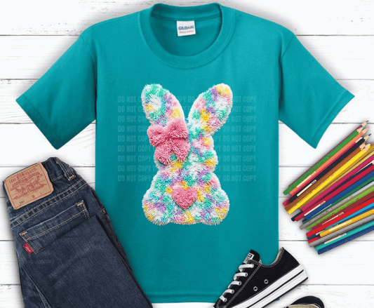 Pastel rainbow sherpa texture Easter bunny silhouette with pink fuzzy bow and heart detail for girly boutique spring shirts