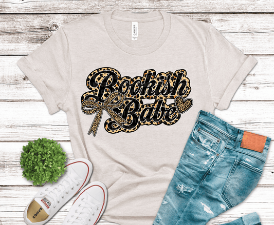 Leopard print Bookish Babe design with bow and heart accent for trendy reader shirts