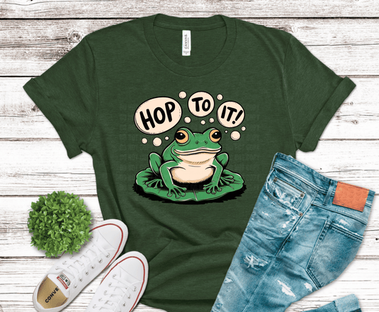 Cartoon frog with Hop To It speech bubbles for funny Easter spring shirts