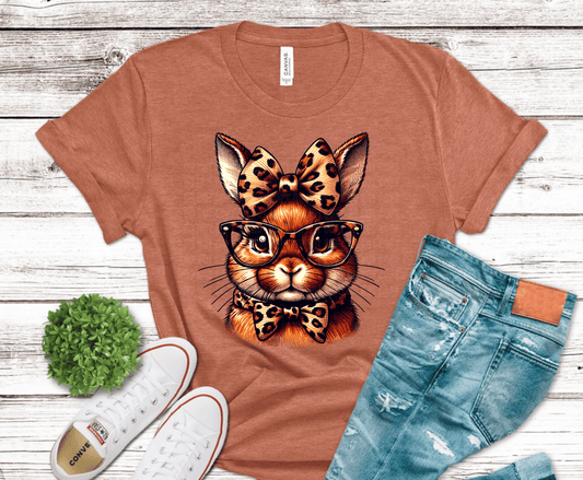 Cute bunny wearing glasses with leopard bow and bow tie for stylish Easter shirts