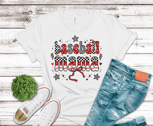 Baseball Mama design with red lettering and checkered sports accents