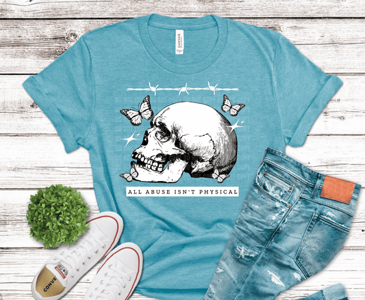Vintage skull with butterflies and All Abuse Isn’t Physical awareness message