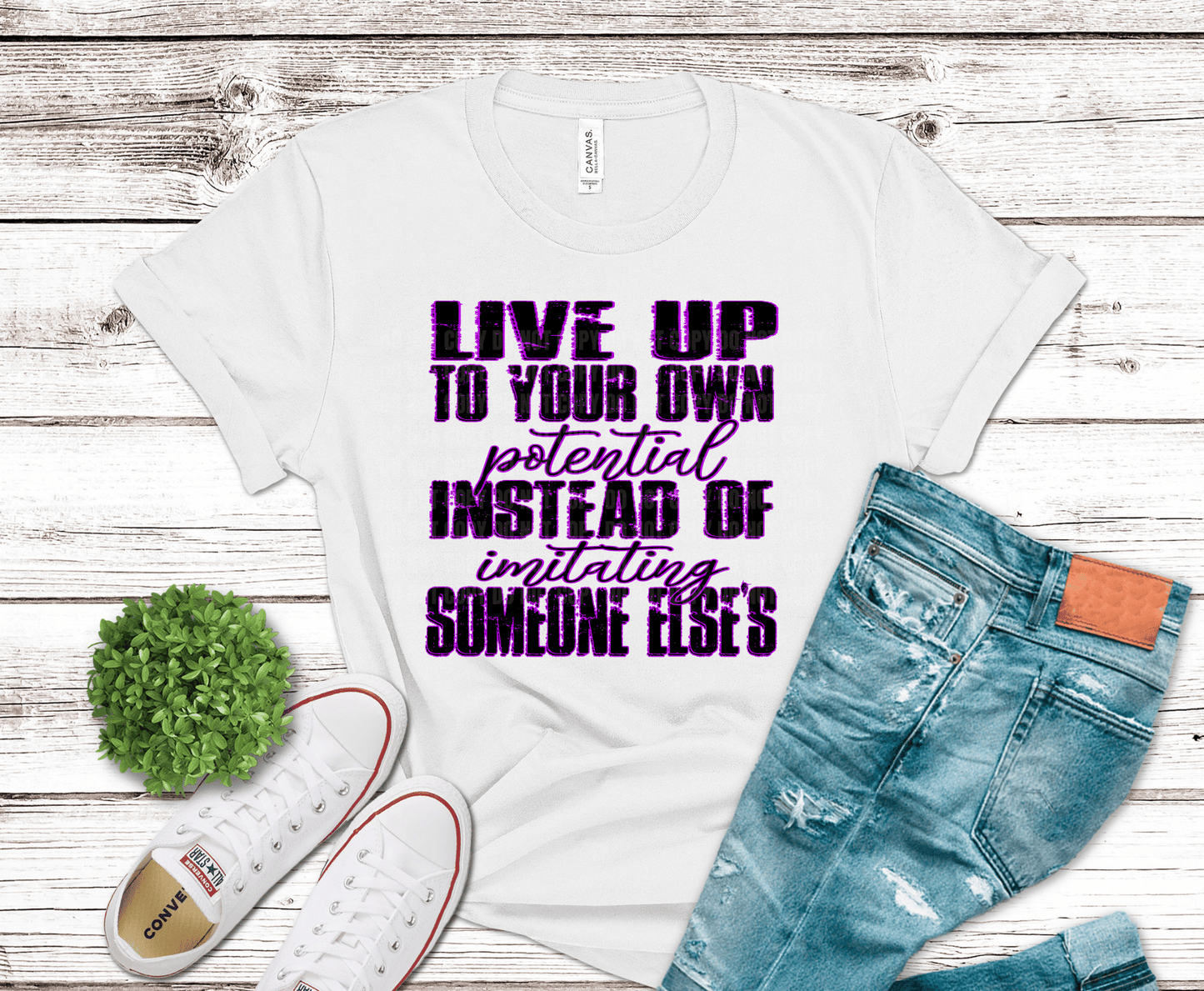 Bold purple typography reading Live Up to Your Own Potential inspirational quote