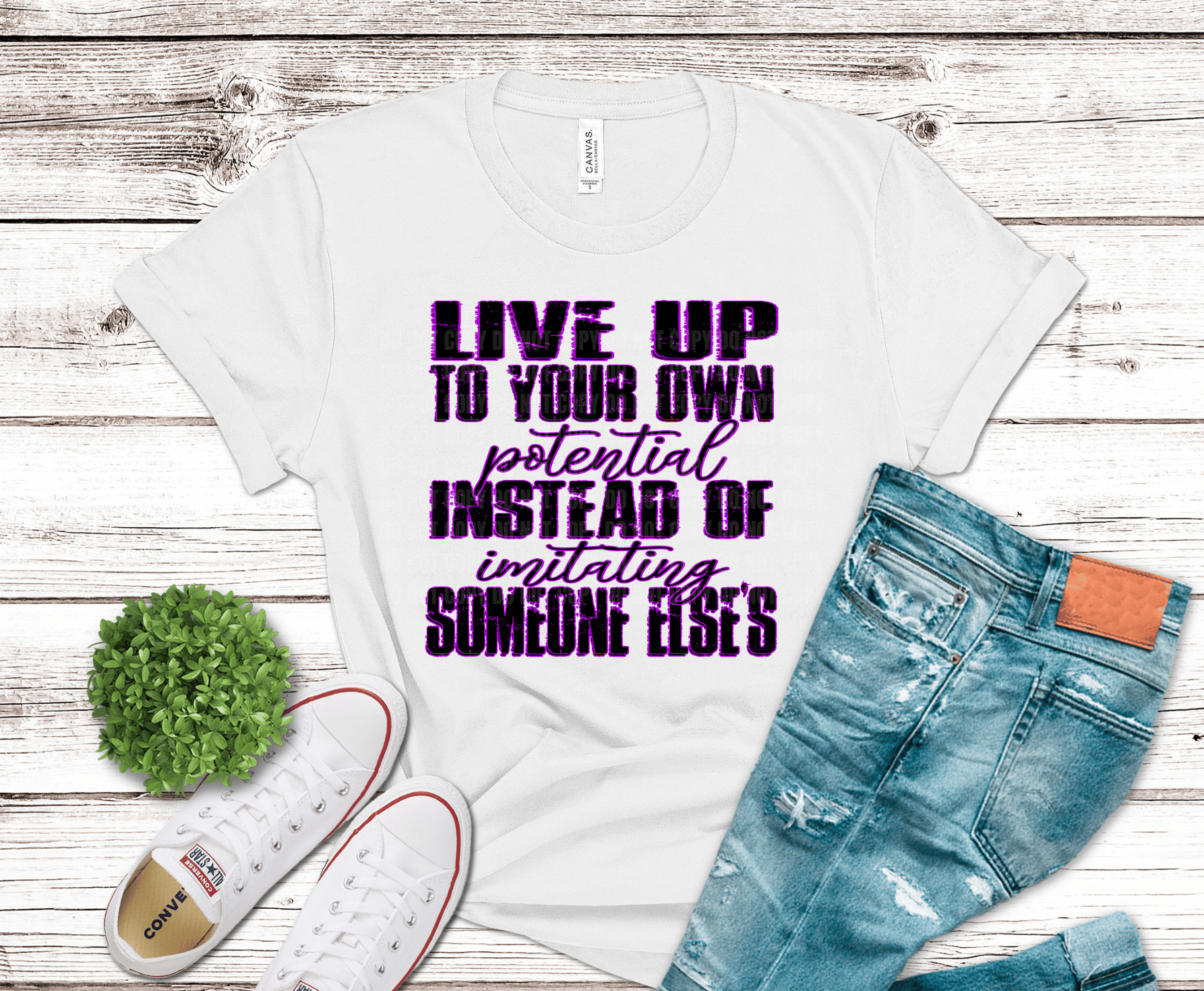 Bold purple typography reading Live Up to Your Own Potential inspirational quote