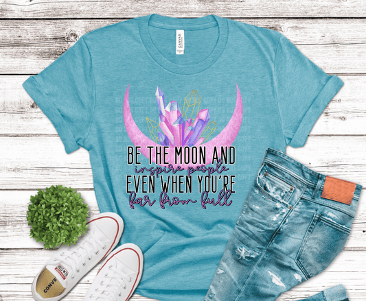 Crescent moon with crystals and Be the Moon inspirational quote design