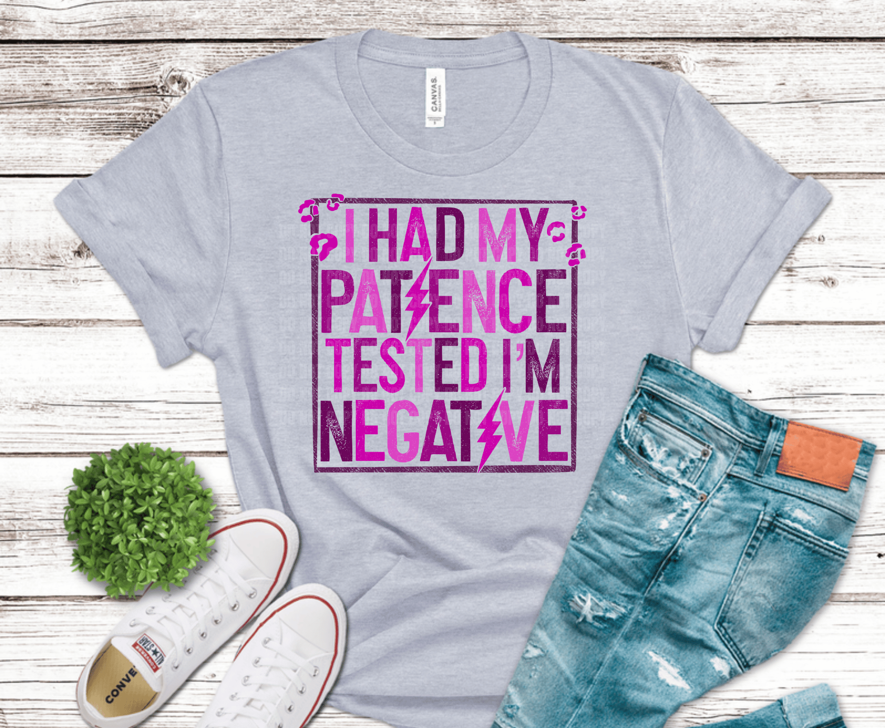 Bold pink typography reading I Had My Patience Tested I’m Negative