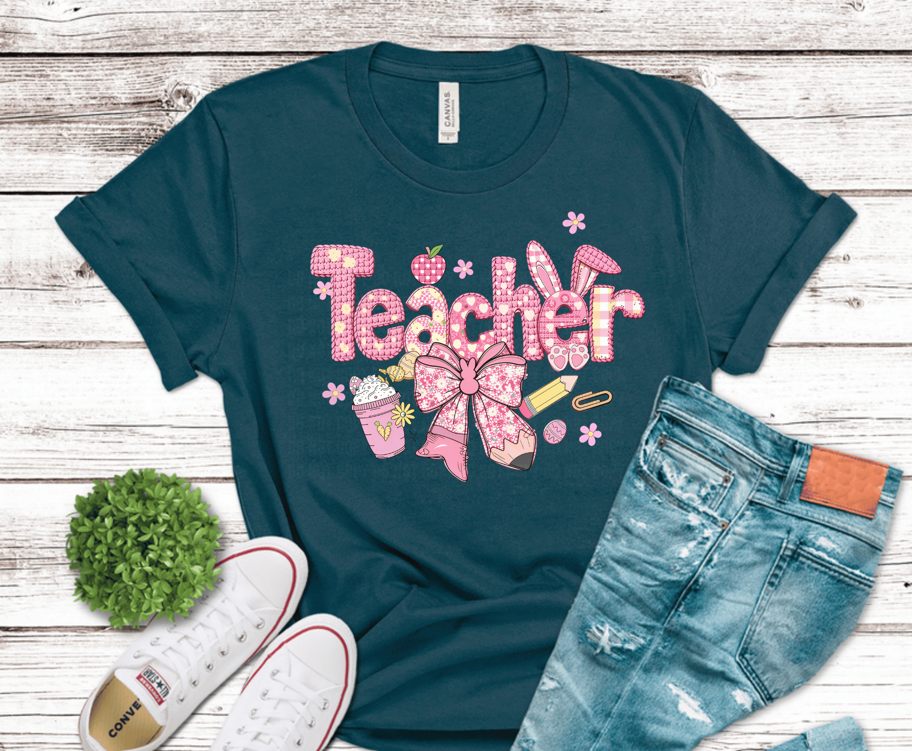 Pink stitched style Teacher lettering with bow and classroom accents