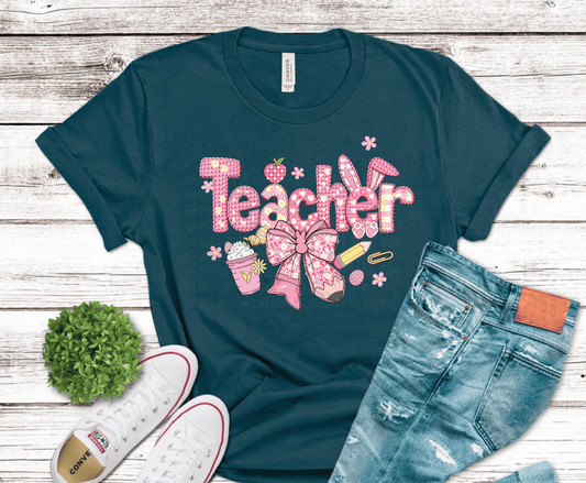 Pink stitched style Teacher lettering with bow and classroom accents