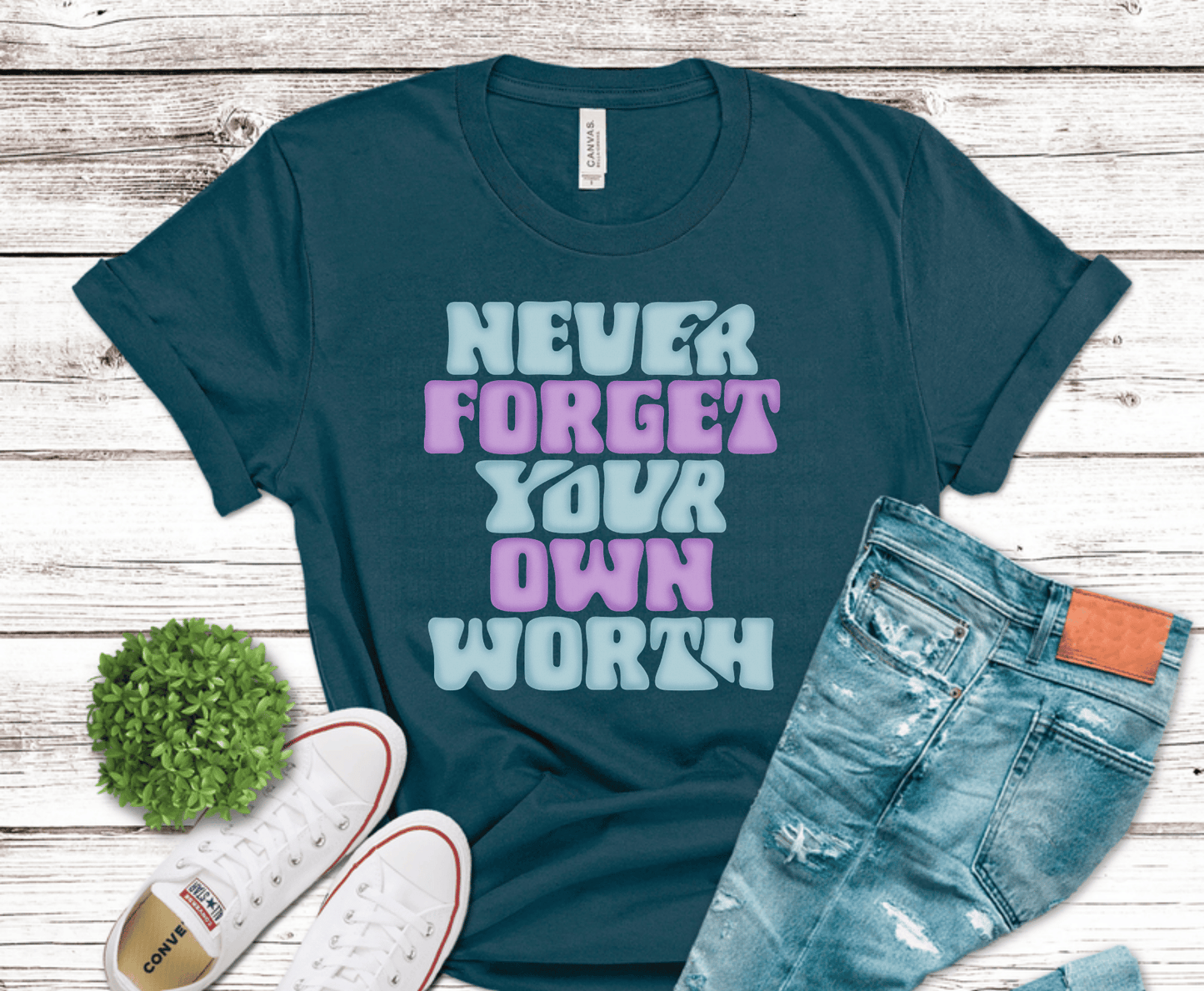 Pastel bubble lettering reading Never Forget Your Own Worth