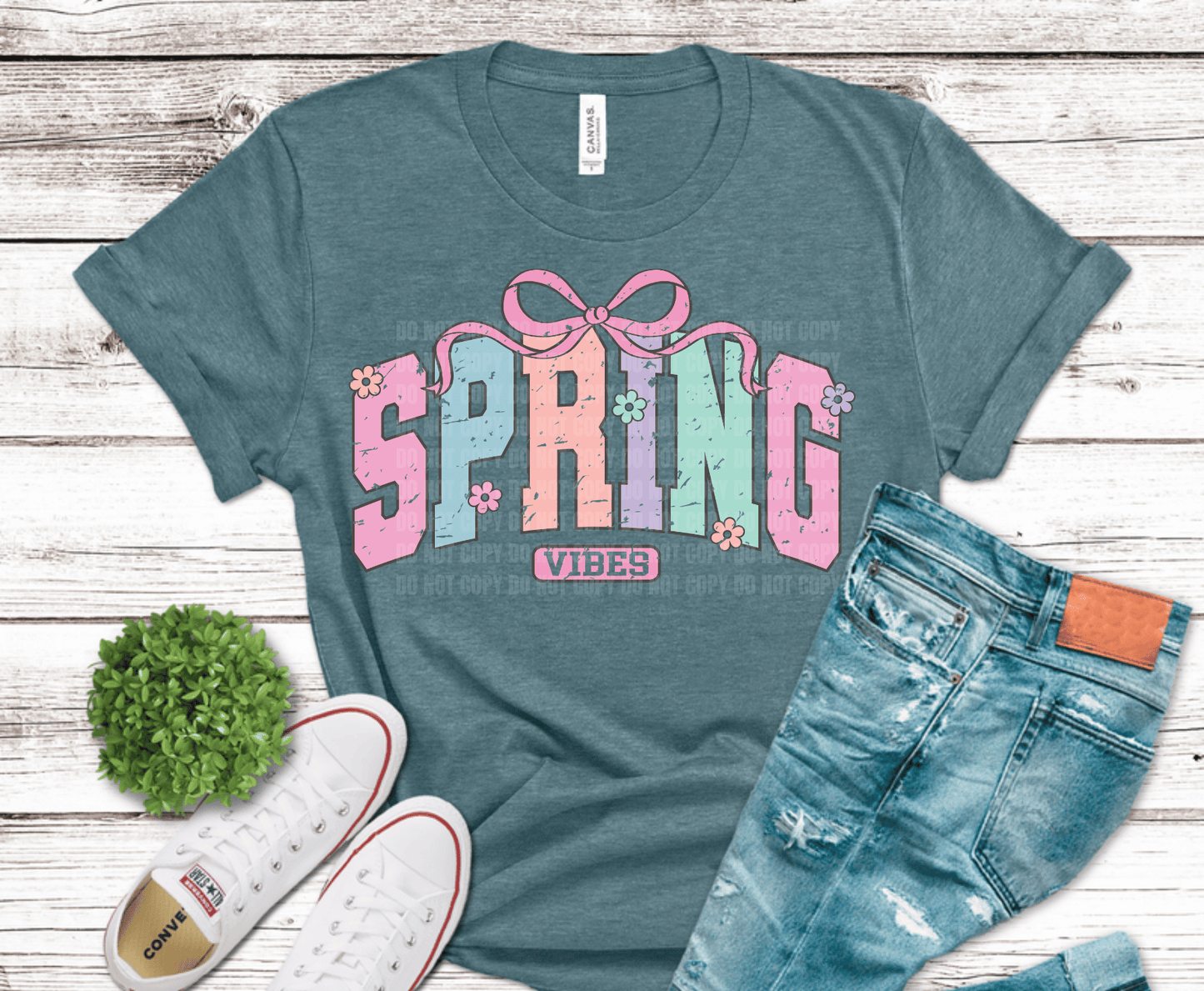 Pastel Spring Vibes lettering with bow and floral accents