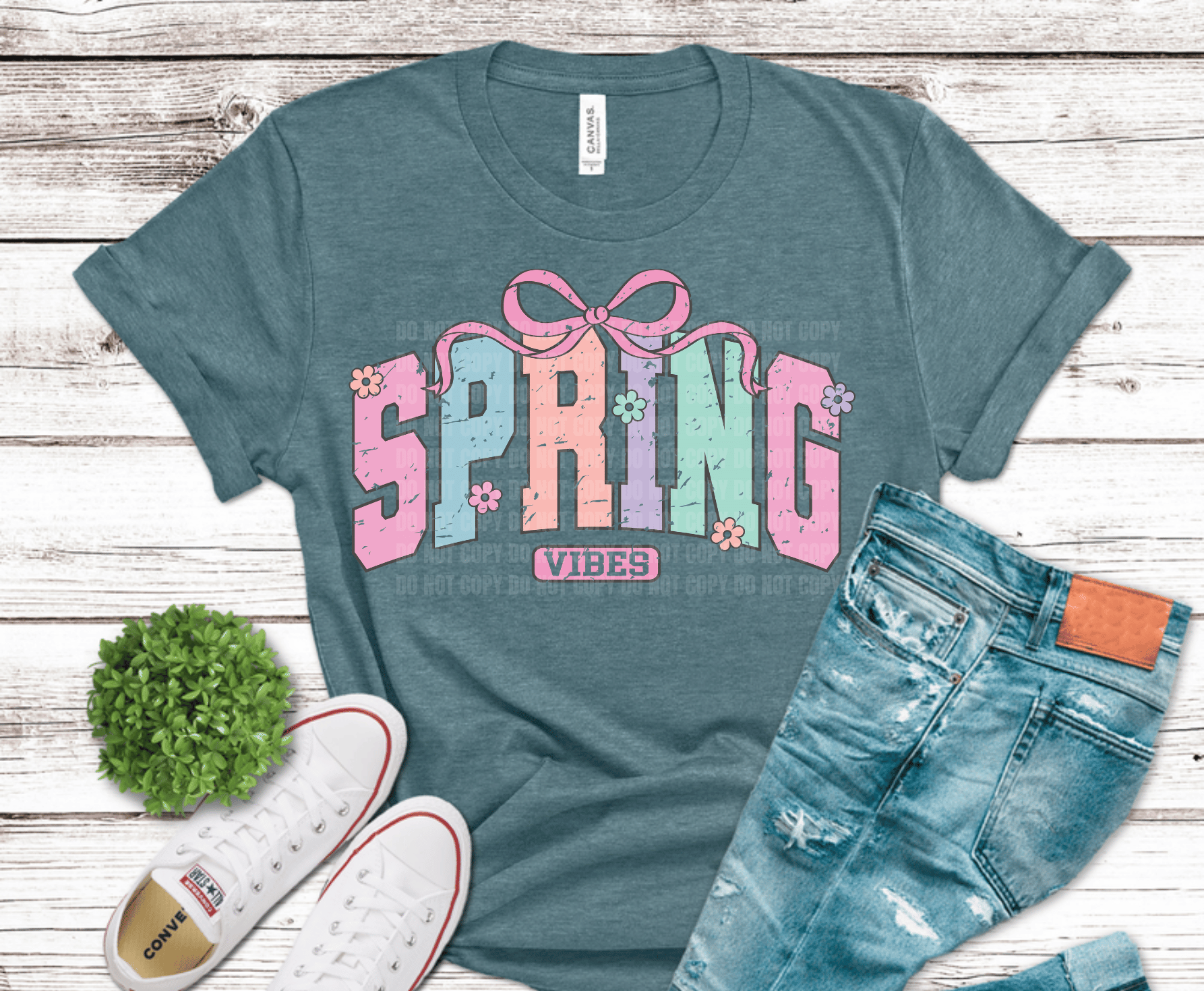 Pastel Spring Vibes lettering with bow and floral accents