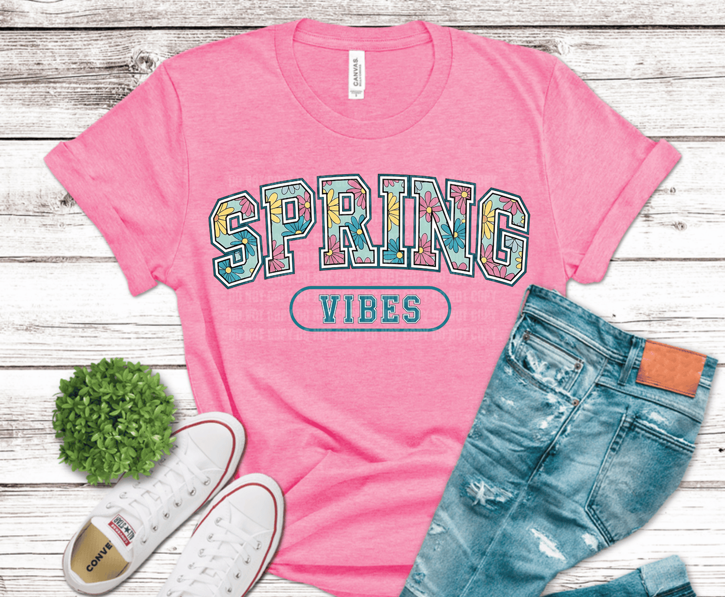 Collegiate style Spring Vibes lettering filled with floral pattern