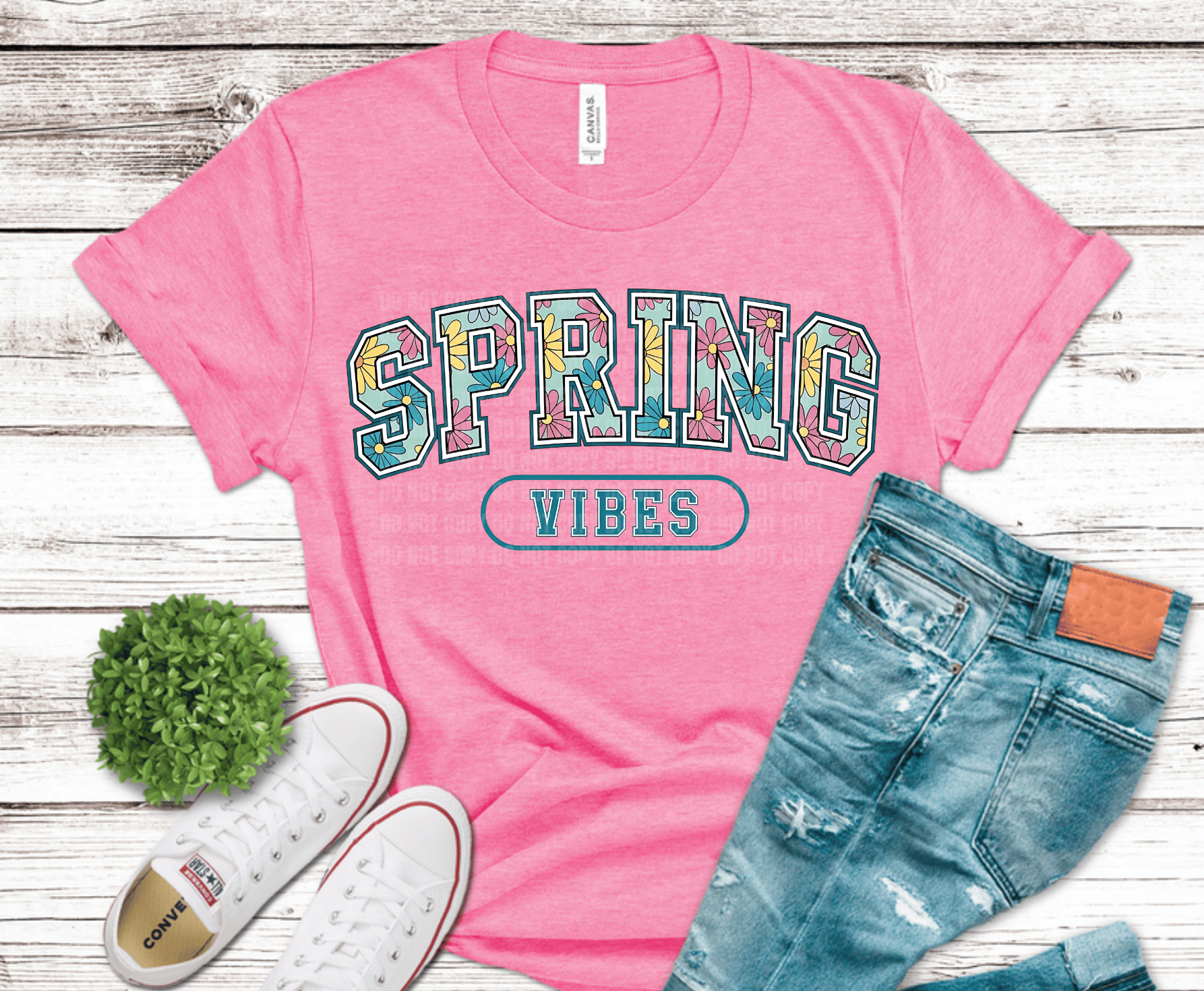 Collegiate style Spring Vibes lettering filled with floral pattern