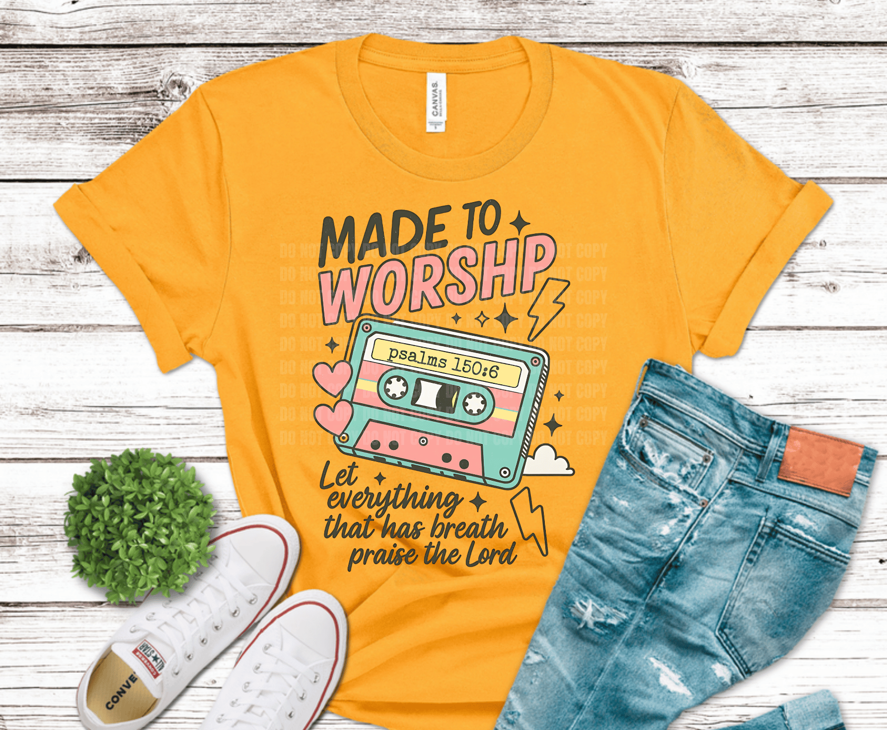 Retro cassette design with Made to Worship Psalms 150:6 scripture