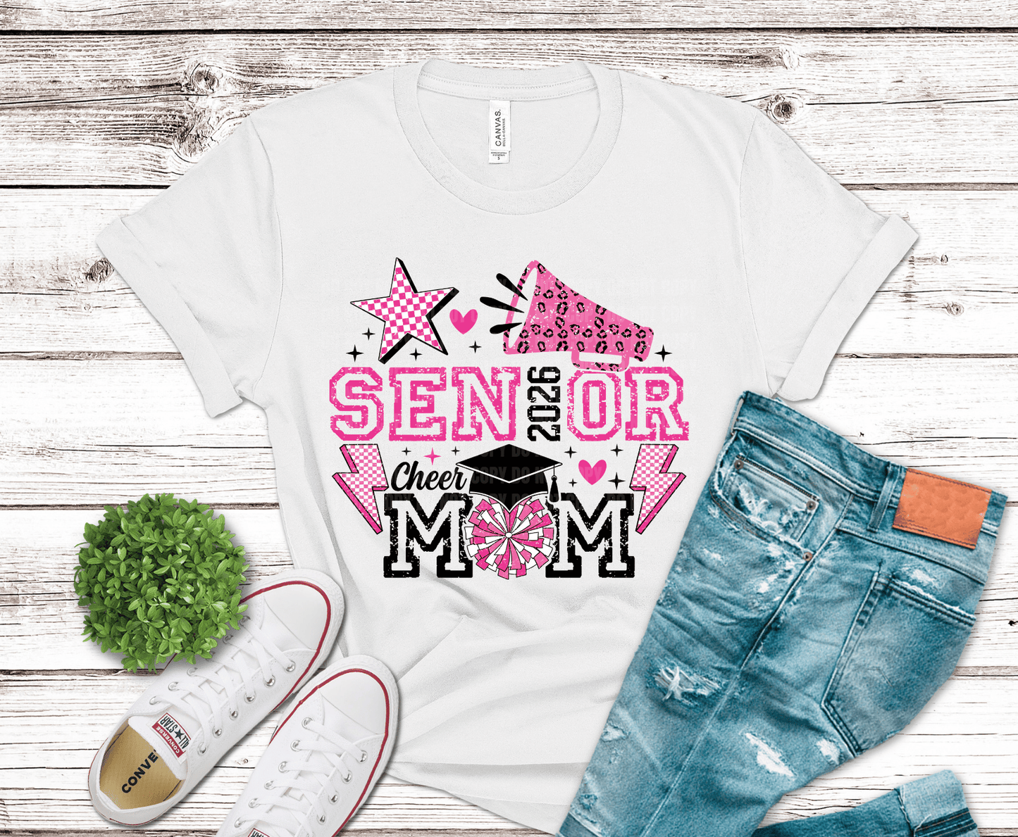 Pink Senior Cheer Mom 2026 design with pom and graduation graphics