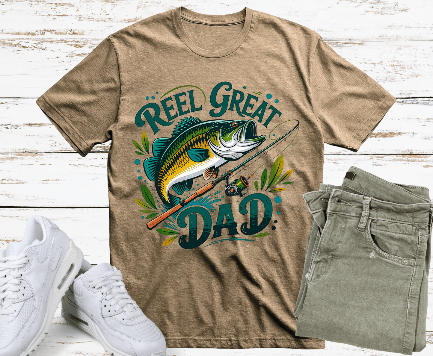 Bass fish illustration with Reel Great Dad typography and fishing rod