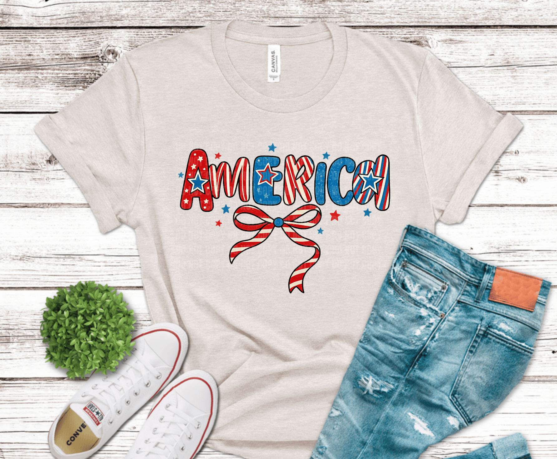 Red white and blue American lettering with patriotic bow design